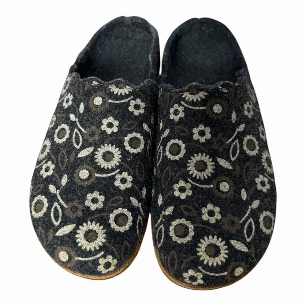 Floral Comfort Clogs Slip On Mule Shoes Blue Charcoal Wool Blend Sz 9 EURO 39